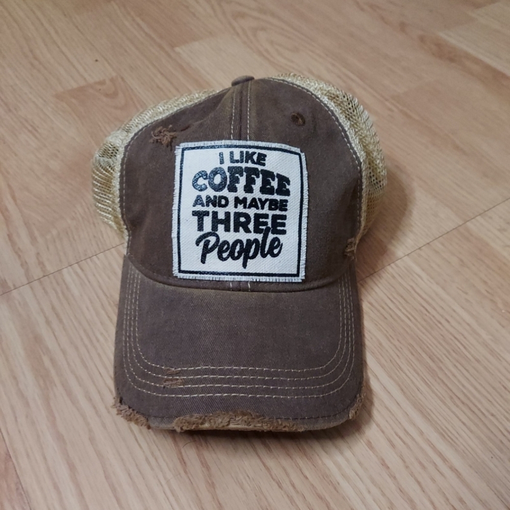 Brown and Tan Trucker Hat with Coffee Quote